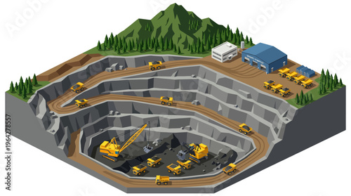 Isometric Open-Pit Mining Operation with Heavy Machinery and Industrial Infrastructure in a Mountainous Landscape