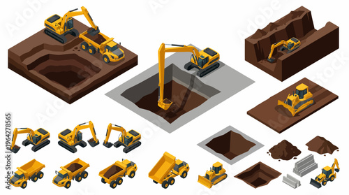 Construction vehicles and equipment on a building site with excavations and materials