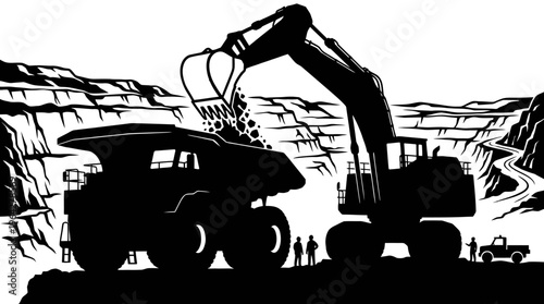 Heavy machinery in open pit mine extracting minerals, industrial excavation