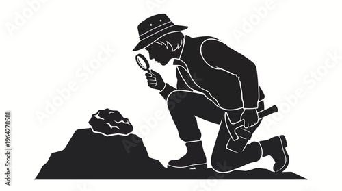 Miner examining a rock specimen with a magnifying glass and hammer, prospecting for minerals