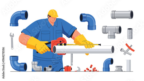 Crafting Connections: A skilled craftsman, surrounded by an array of pipes and tools, meticulously measures and prepares a pipe, embodying the essence of plumbing and construction work.