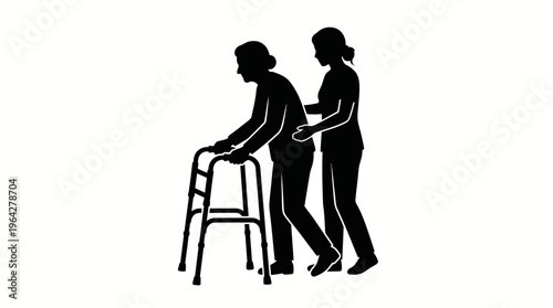 Elderly person with walker receiving assistance from caregiver illustration