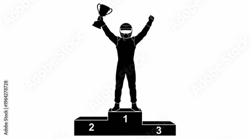 Winning race car driver on podium holding trophy celebrating victory, sports achievement