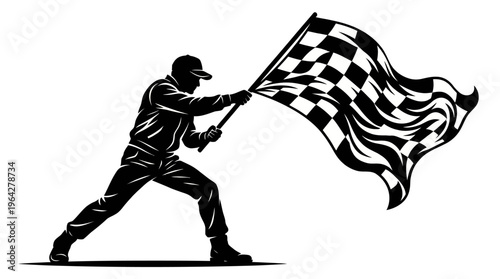 Quadro su tela Checkered flag waving man, symbol of racing victory and finish line
