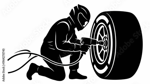 Dynamic illustration of a professional pit crew mechanic performing a swift tire change during a race