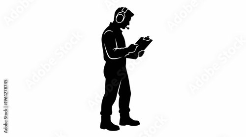 Silhouette of a person in uniform with headset and clipboard