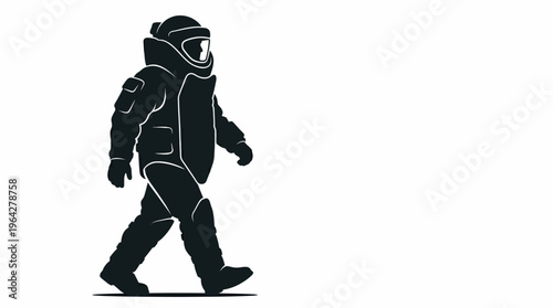 Specialist in advanced protective gear walking with determination, symbolizing safety, security, and hazard mitigation