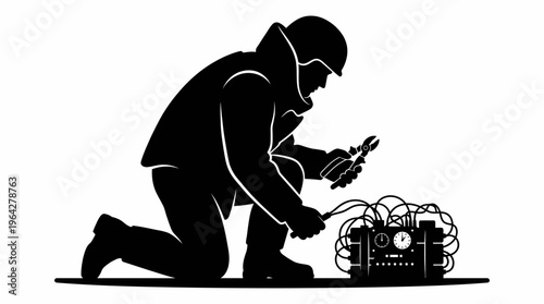 Bomb disposal expert carefully disarming a complex explosive device