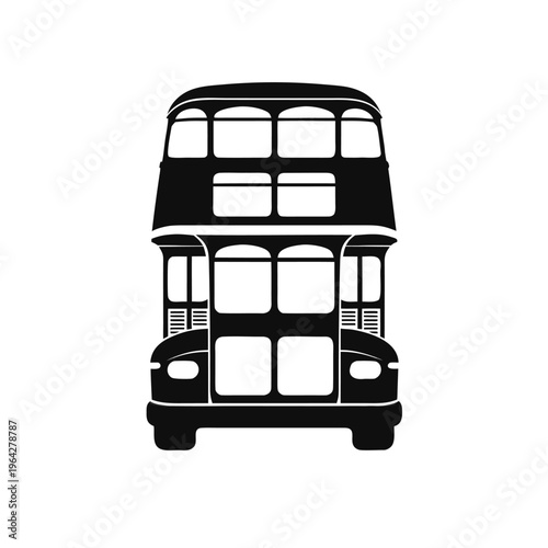 Vintage double decker bus vector illustration, classic British transport silhouette, black and white retro bus icon for travel and tourism design