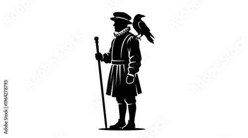 Regal historical figure in traditional garb accompanied by a wise raven, an emblem of timeless companionship