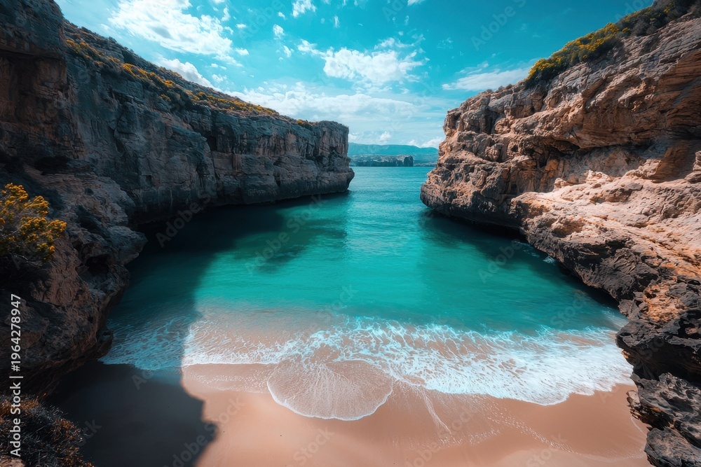 Fototapeta premium Secluded cove with turquoise water and soft waves under blue sky, rocky cliff coastline with sandy beach and calm sea