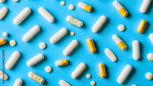 assorted magnesium supplements in capsules and tablets on blue background