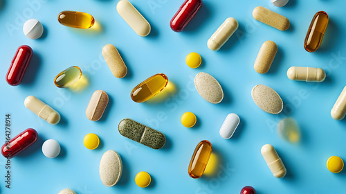 assorted magnesium supplements and capsules on blue background