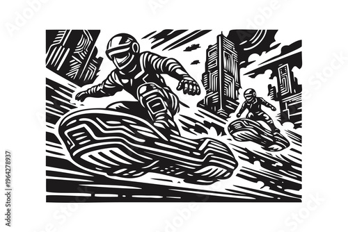 Sci Fi Hoverboard Racing Through Urban Streets Engraving