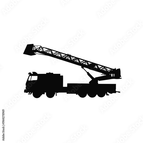Industrial crane truck silhouette, heavy construction vehicle with telescopic boom, mobile hydraulic crane vector on white background
