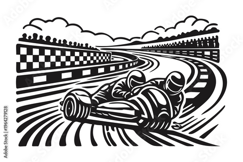 Sidecar Motorcycle Race Linocut Graphic
