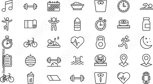 Large collection of black line fitness icons featuring gym equipment dumbbells yoga mats swimming cycling running heart rate and healthy lifestyle symbols,