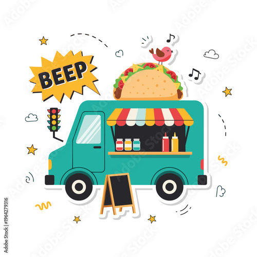 Fun Food Truck Illustration with Taco, Bird, and "BEEP" Speech Bubble