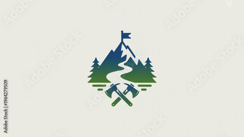 Adventure logo with mountain winding road pine trees and crossed axes representing outdoor exploration and nature isolated on white background