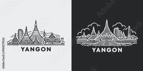 Yangon Myanmar Skyline Artistic Line Drawing
