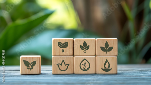 Wooden wellness blocks with leaf and growth icons on wooden surface