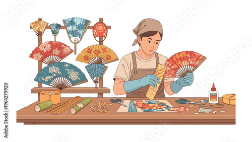 Artisan at Work: An artisan meticulously crafts traditional fans, surrounded by an array of colorful creations, with careful attention.