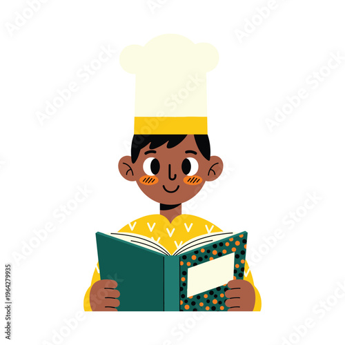 Young Chef in Chef Hat Reading Cookbook - Vector Illustration