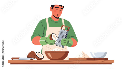 Coconut Grater: A person with care and precision is grating coconut flesh, showcasing culinary artistry and a focus on ingredients