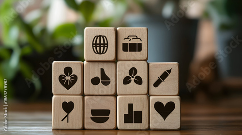 Wooden wellness blocks with holistic lifestyle icons on wooden table