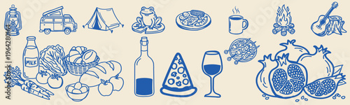 Food Nature Camping Farm Market Doodle Icon Set