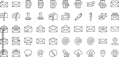 Set of Email and Communication Icons Including Attachments, Chat, Social Media, Notifications, and Mailbox for Web Design, Mobile Apps, and Digital Media