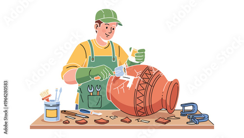 Pottery Restoration: A skilled artisan meticulously restores a broken pottery, carefully applying adhesive with precision, showcasing the dedication to preserve the object