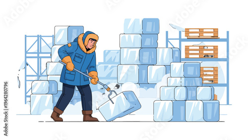 Frozen Labor: A determined worker, clad in winter attire, expertly maneuvers ice blocks amidst a snowy, industrial setting.