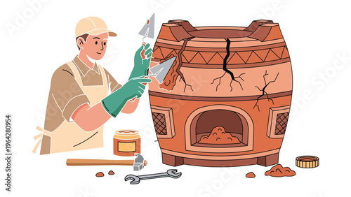 Artisan Crafting: Meticulous craftsmanship comes alive as an artisan carefully repairs a beautifully crafted oven, embodying the essence of manual work and historical artistry.