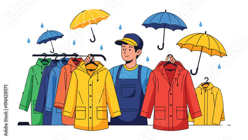 Rainy Day Essentials: A depiction of a shop owner offering a selection of raincoats and umbrellas, perfect for embracing the elements.