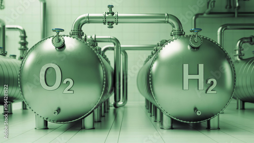 A 3D rendered model showcases a sleek industrial setup with oxygen and hydrogen tanks