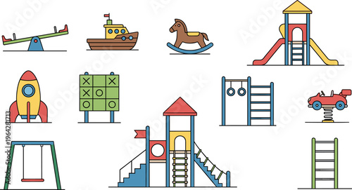Playground, equipment, set, kids, park, slide, swing, seesaw, climbing, toy, outdoor, fun, activity, recreation, children, illustration, vector, collection, play, design