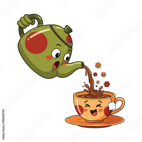 Cute Kawaii Teapot Pouring Tea into Happy Smiling Teacup