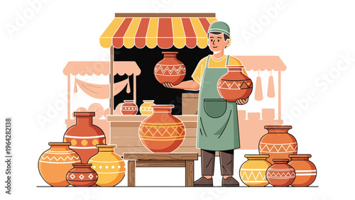 Craftsman's Showcase: A skilled artisan proudly presents his handcrafted pottery, showcasing intricate designs and traditional techniques amidst a vibrant market setting.