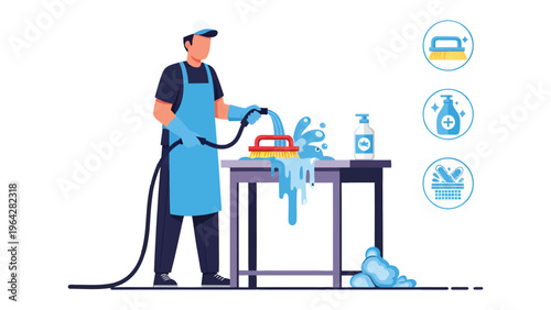 The Art of Immaculate Maintenance: A dedicated professional meticulously cleans a surface with a hose, embodying the essence of sanitation and hygiene, surrounded by cleaning supplies. 