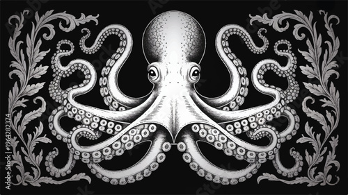 A black and white illustration of an octopus surrounded by floral patterns