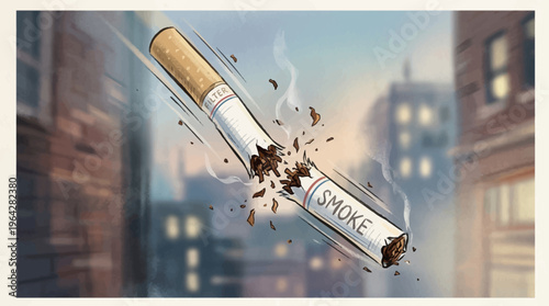 A broken cigarette explodes in mid-air symbolizing quit smoking and healthy lifestyle in a cityscape.