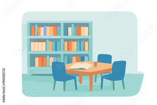 A cozy vector illustration of a library interior with tall bookshelves filled with books, a reading table, and several chairs, creating a warm, quiet, and comfortable atmosphere.