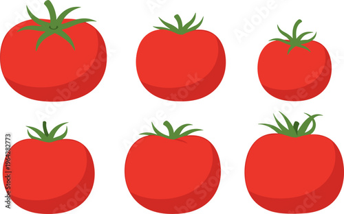 Fresh Tomato Icon Set with Red Ripe Vegetables, Cartoon Garden Produce, Healthy Food Illustrations, Flat Vector Designs for Cooking, Recipes, and Kids Projects