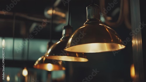 Brass pendant lamps create a warm and inviting atmosphere, providing intimate ambient lighting within a modern or vintage inspired interior design setting