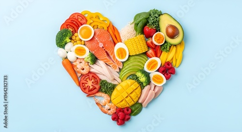 Variety of natural foods forming heart shape representing heart health and wellness lifestyle.