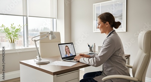 Medical professional interacting with patient remotely through digital telemedicine consultation platform.