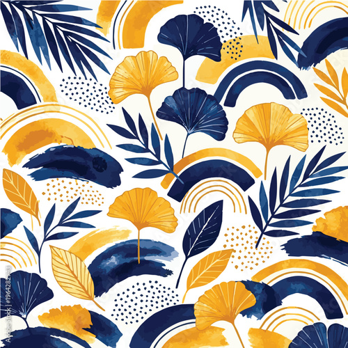 A clean abstract vector background with simple plant forms in blue and yellow tones, designed to deliver a stylish, modern look with an artistic and contemporary atmosphere.