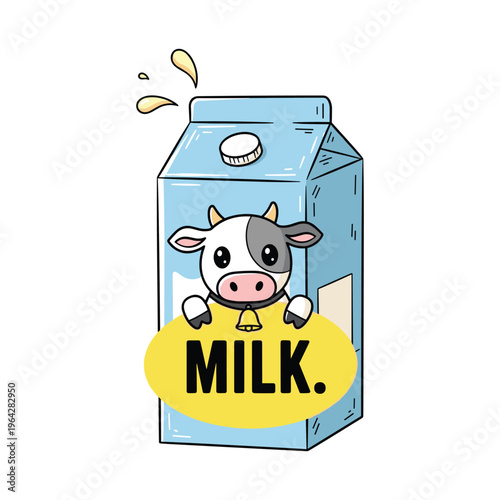 Cute Cartoon Cow with Milk Carton and Bell Icon - Vector Illustration