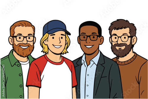 A vector illustration of four mature men with different fashion styles and diverse skin tones, showcasing individuality, confidence, and cultural diversity in a clean, modern design.